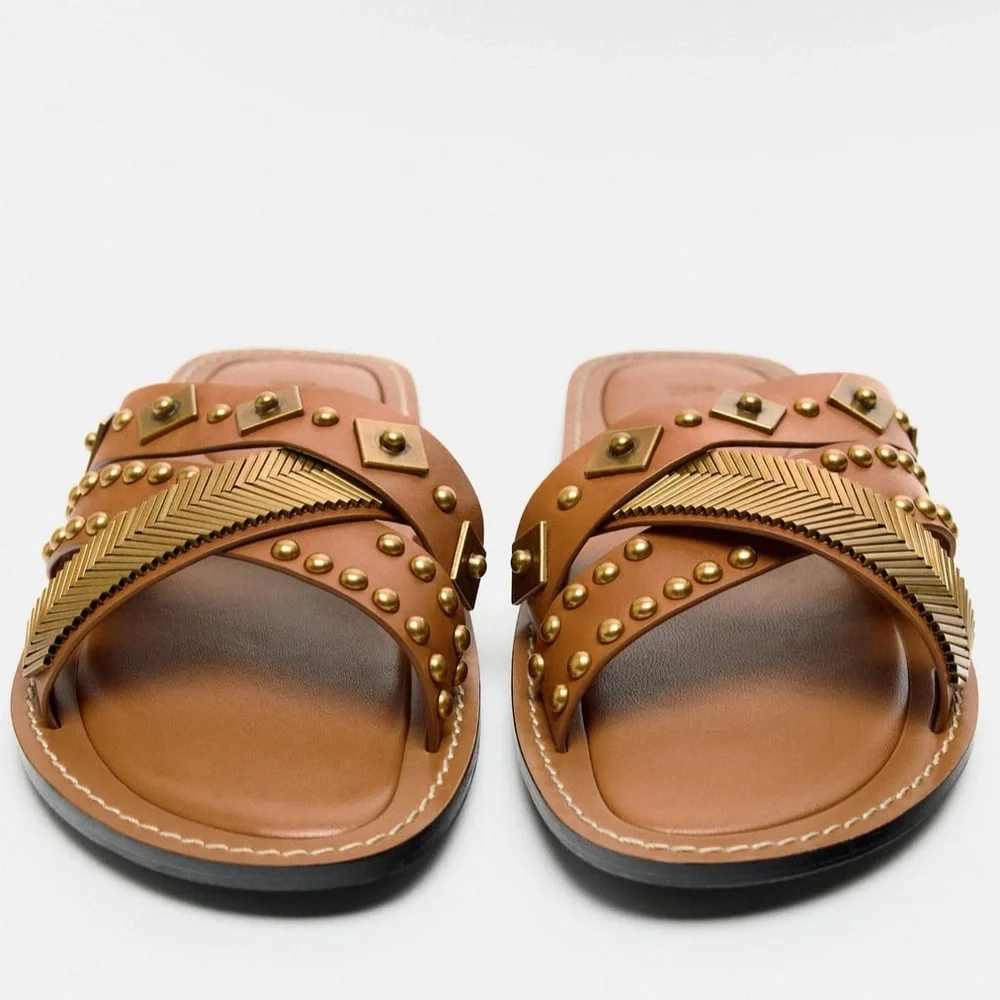Zara leather sandals gold metallic details made in India - Picture 3 of 8